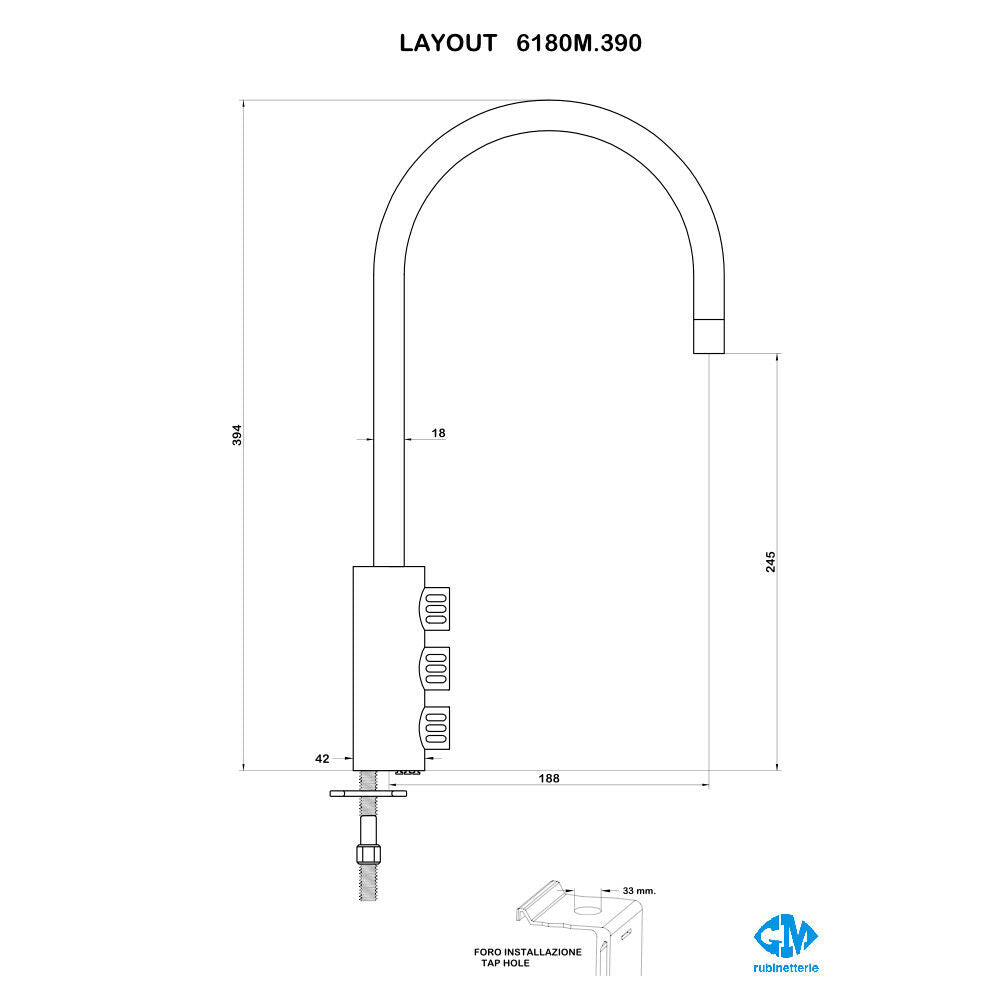 3-Wege-Sodaarmatur GM 6180M.390 Edelstahl Optik technische Zeichnung