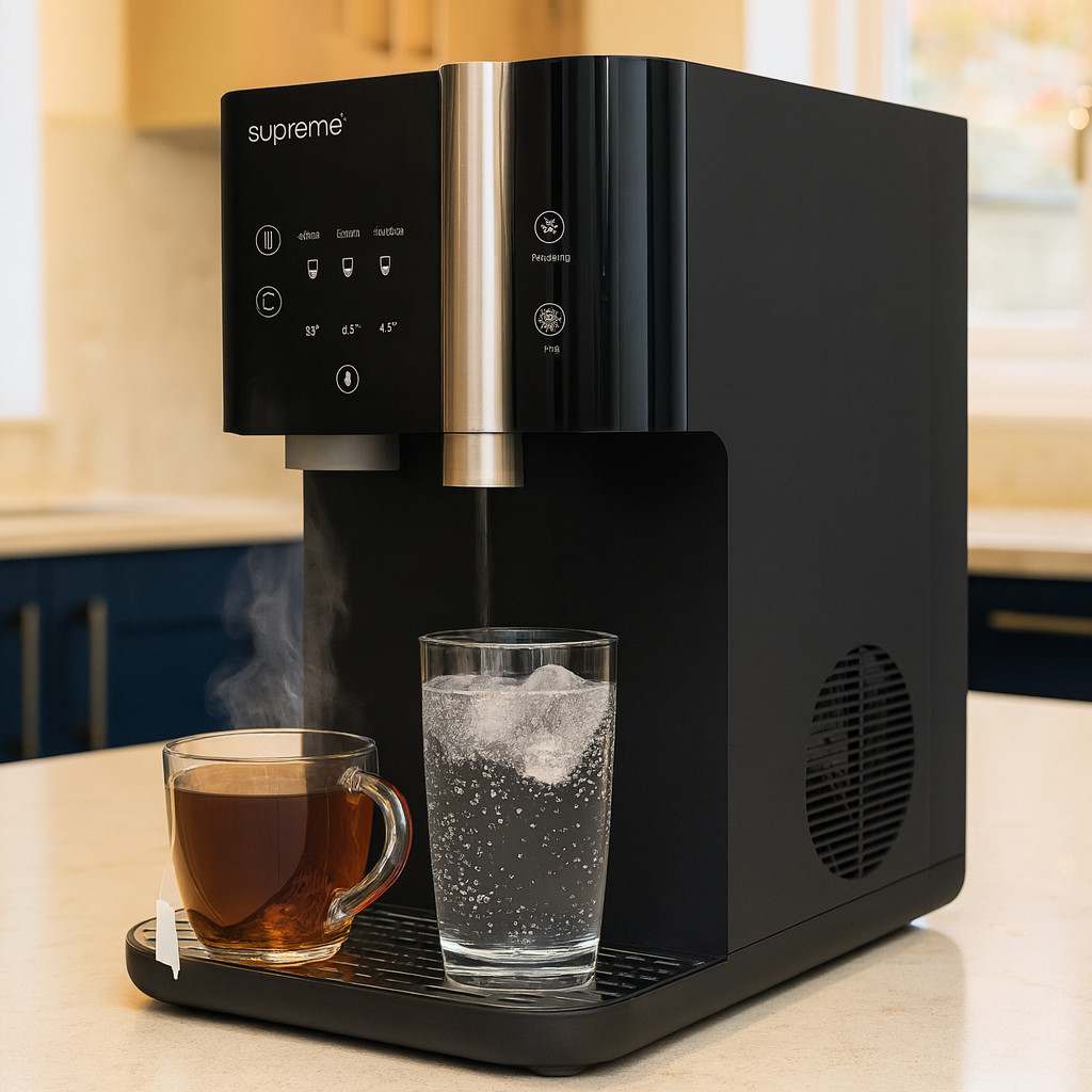 SPRUDELUX SUPREME – Premium Tafelwasseranlage mit Umkehrosmose, CO2 & Heißwasserfunktion – Wasserspender mit Filter & UVC-Technologie – Festwasseranschluss