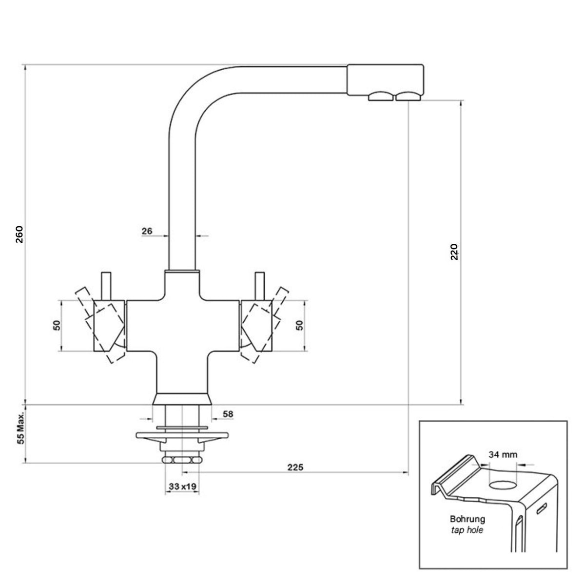 Designer 5-Wege-Wasserhahn NOBIUS L-Auslauf Chrom - 26 cm hoch