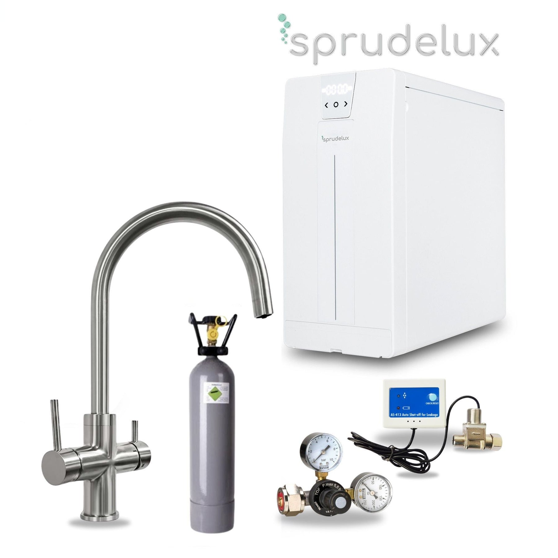 SPRUDELUX® POWER SODA Untertisch-Tafelwassersystem – Wassersprudler mit 5-Wege-Armatur GIULIA C-Auslauf INOX & 2 kg CO2-Flasche – Sprudelwasser direkt aus dem Wasserhahn