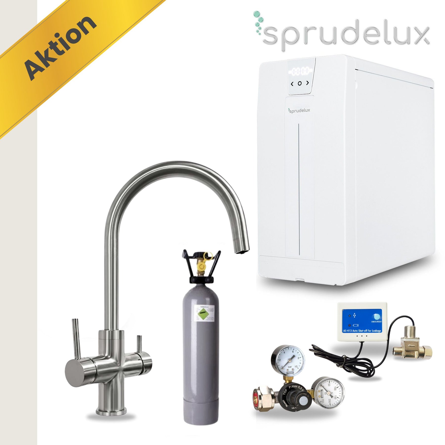 SPRUDELUX® POWER SODA Untertisch-Tafelwassersystem – Wassersprudler mit 5-Wege-Armatur GIULIA C-Auslauf INOX & 2 kg CO2-Flasche – Sprudelwasser direkt aus dem Wasserhahn
