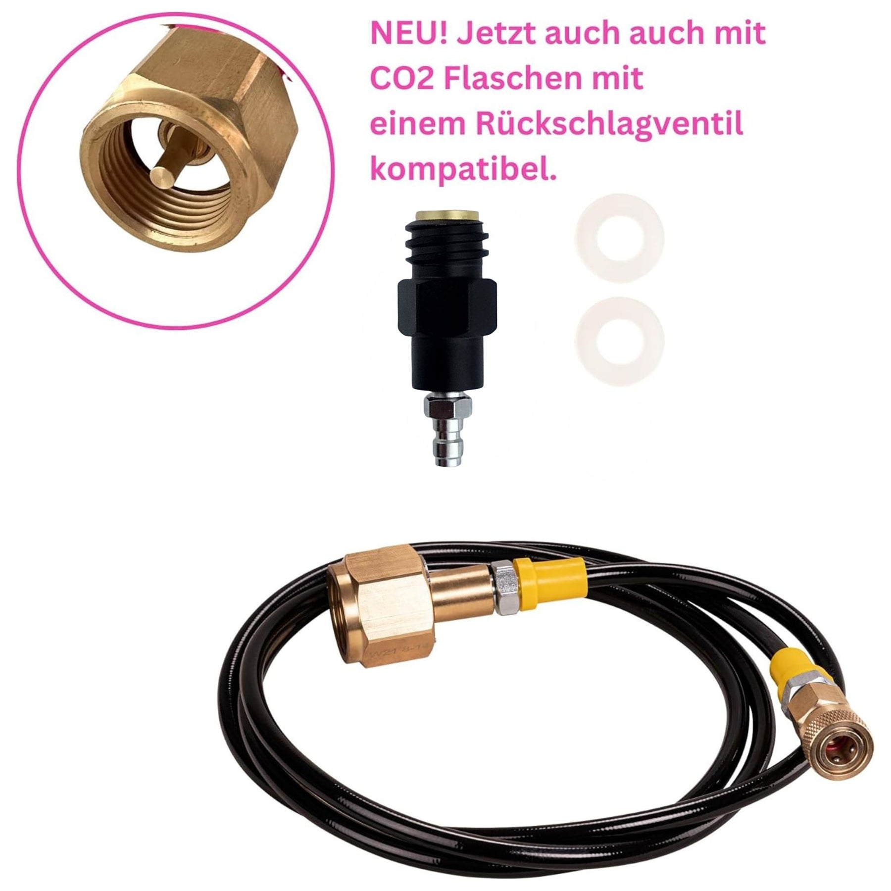 CO2 Adapter W21.8-14 auf TR21-4 mit 1,5 m Hochdruckschlauch | Geeignet für Wassersprudler SodaStream, Soda Max, Crystal, Penguin, Play, Cool u. v. m. | Anschluss an große CO2-Flaschen | Nur für CO2 Gas geeignet