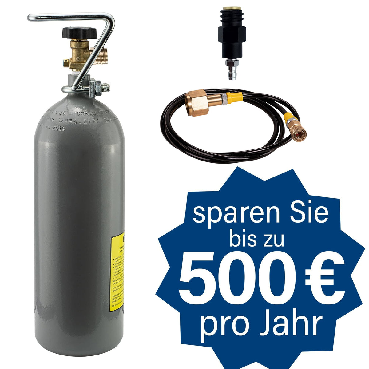 CO2 Adapter W21.8-14 auf TR21-4 mit 1,5 m Hochdruckschlauch + 2 kg CO2 Eigentumsflasche gefüllt | Geeignet für Wassersprudler SodaStream, Soda Max, Crystal, Penguin, Play, Cool u. v. m. | Anschluss an große CO2-Flaschen
