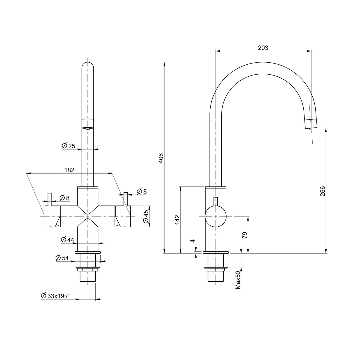 Designer 5-Wege-Wasserhahn CUCINA UNICA, Edelstahl Massiv technische Zeichnung