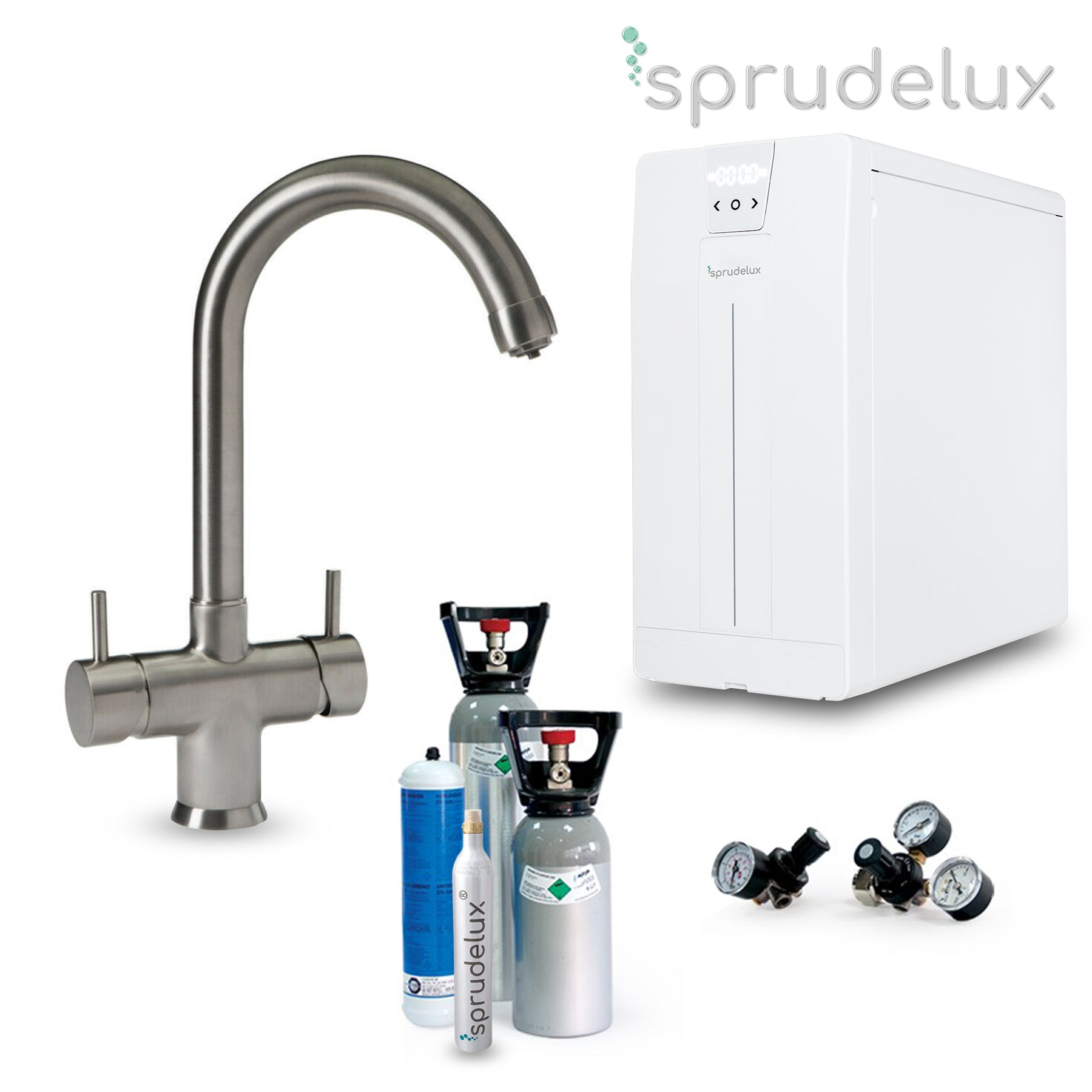 Untertisch-Trinkwassersystem SPRUDELUX POWER SODA inkl. 5-Wege-Wasserhahn NOBIUS C-Auslauf in Edelstahl Optik