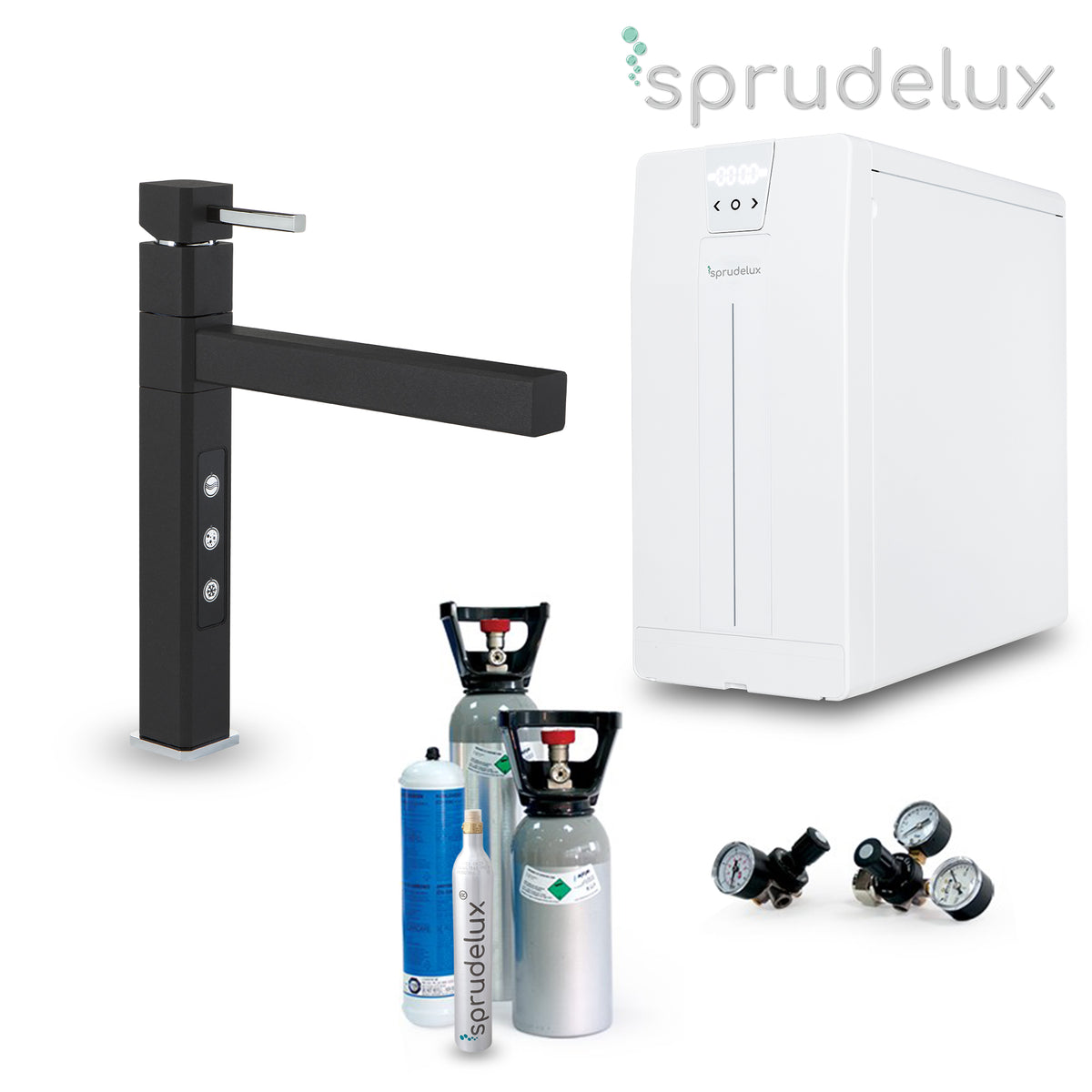 Untertisch-Trinkwassersystem SPRUDELUX POWER SODA inkl. 5-Wege-Wasserhahn STRATOS in Schwarz