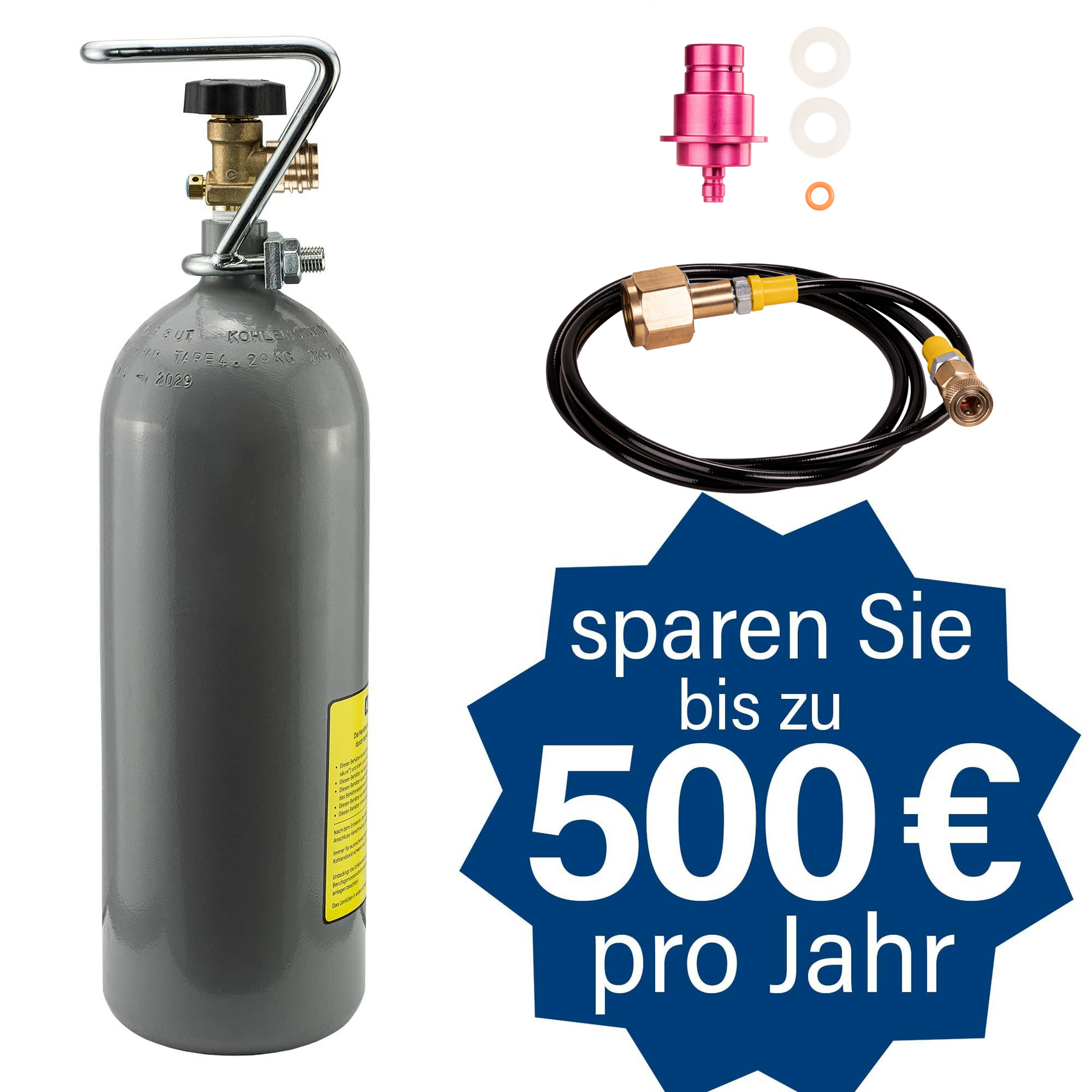 Adapter-Hochdruckschlauch + 2 kg CO2 Eigentumsflasche gefüllt geeignet für Wassersprudler SODASTREAM DUO QUICK CONNECT QC, Art und Terra