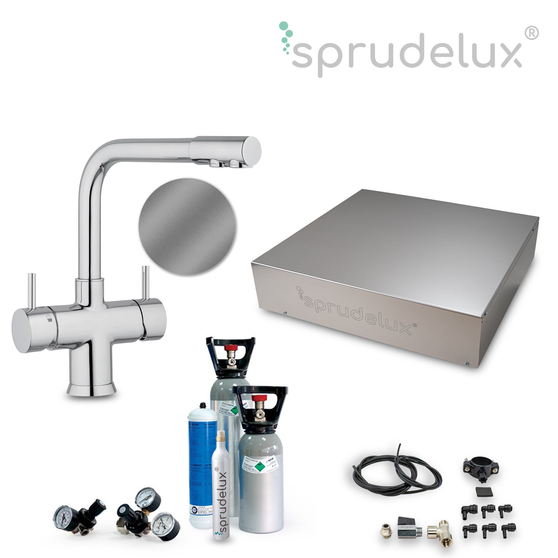 SPRUDELUX® Untertisch-Trinkwassersystem INOX ULTRA FLAT WiFi inkl. 5-Wege-Armatur NOBIUS L-Auslauf