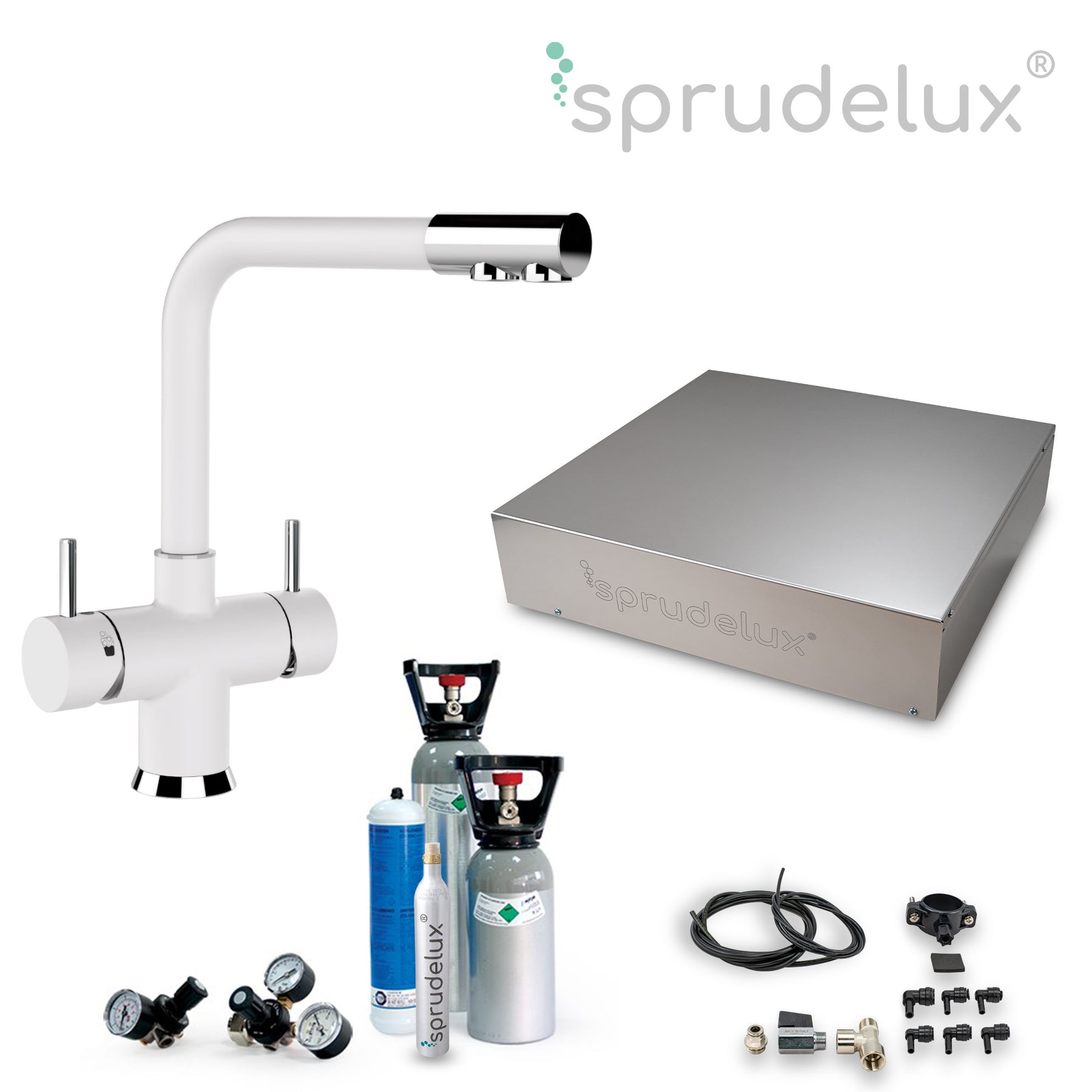 SPRUDELUX® Untertisch-Trinkwassersystem INOX ULTRA FLAT WiFi inkl. 5-Wege-Armatur NOBIUS L-Auslauf