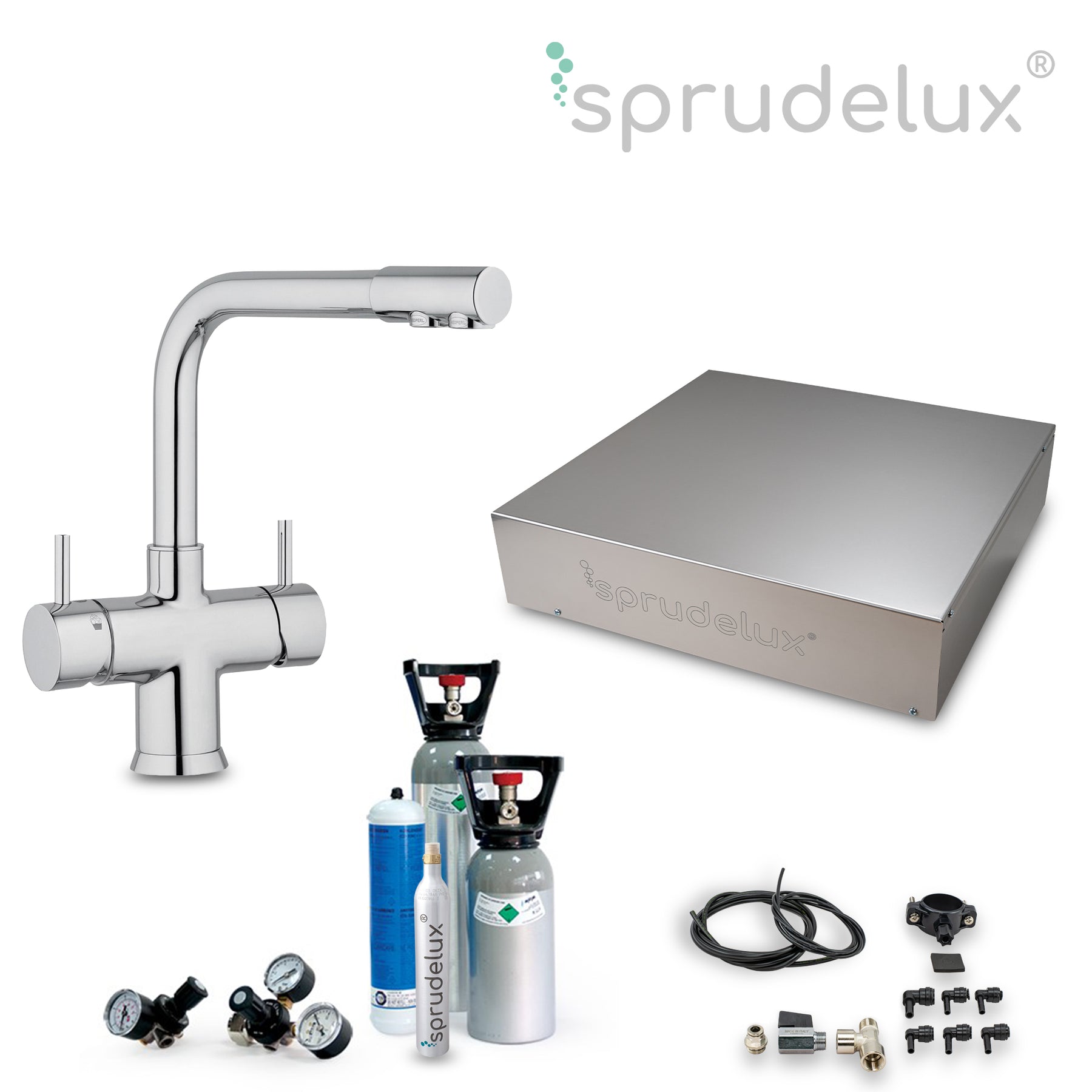 SPRUDELUX® Untertisch-Trinkwassersystem INOX ULTRA FLAT WiFi inkl. 5-Wege-Armatur NOBIUS L-Auslauf