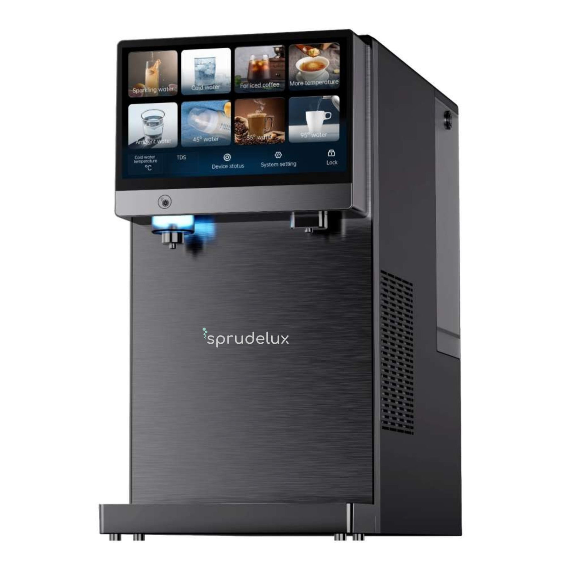 SPRUDELUX PRO TOUCH – Premium Tafelwasseranlage mit Umkehrosmose, Sprudel- & Heißwasserfunktion – Wasserspender mit UVC-Technologie – Festwasseranschluss / Tank