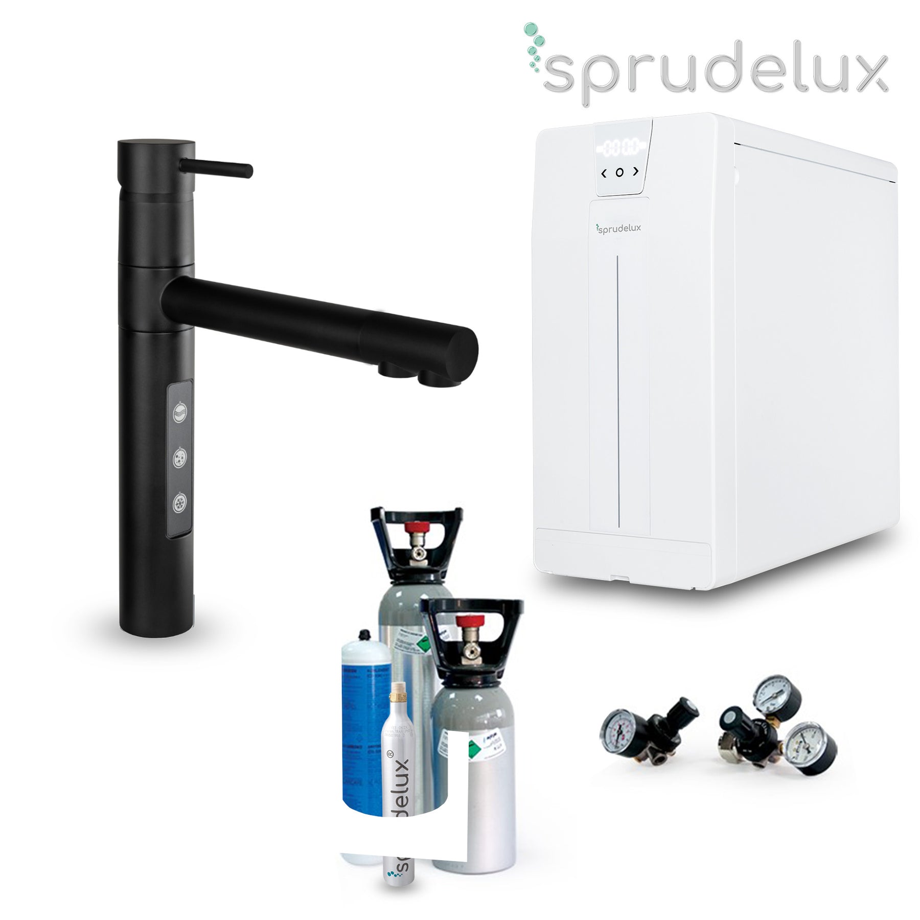 Untertisch-Trinkwassersystem SPRUDELUX POWER SODA inkl. 5-Wege-Wasserhahn STELLA in FULL BLACK