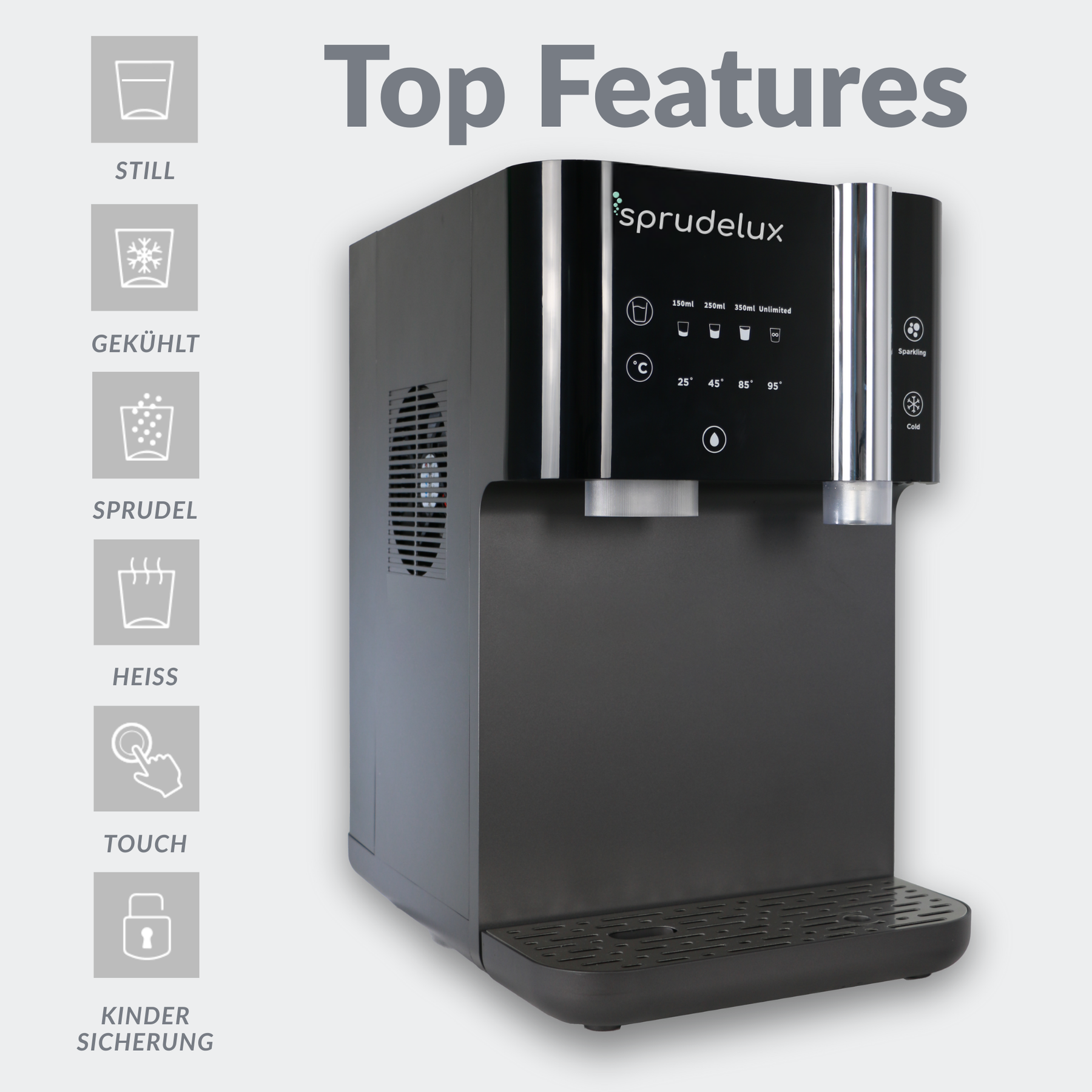SPRUDELUX SUPREME – Premium Tafelwasseranlage mit Umkehrosmose, CO2 & Heißwasserfunktion – Wasserspender mit Filter & UVC-Technologie – Festwasseranschluss