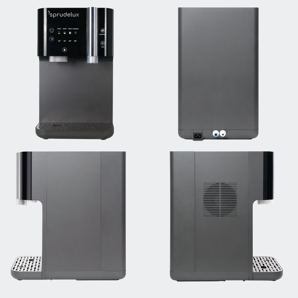 SPRUDELUX SUPREME – Premium Tafelwasseranlage mit Umkehrosmose, CO2 & Heißwasserfunktion – Wasserspender mit Filter & UVC-Technologie – Festwasseranschluss