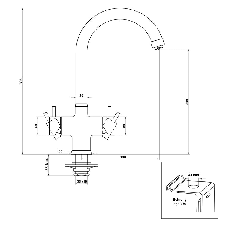 Designer 5-Wege-Wasserhahn NOBIUS C-Auslauf, technische Zeichnung