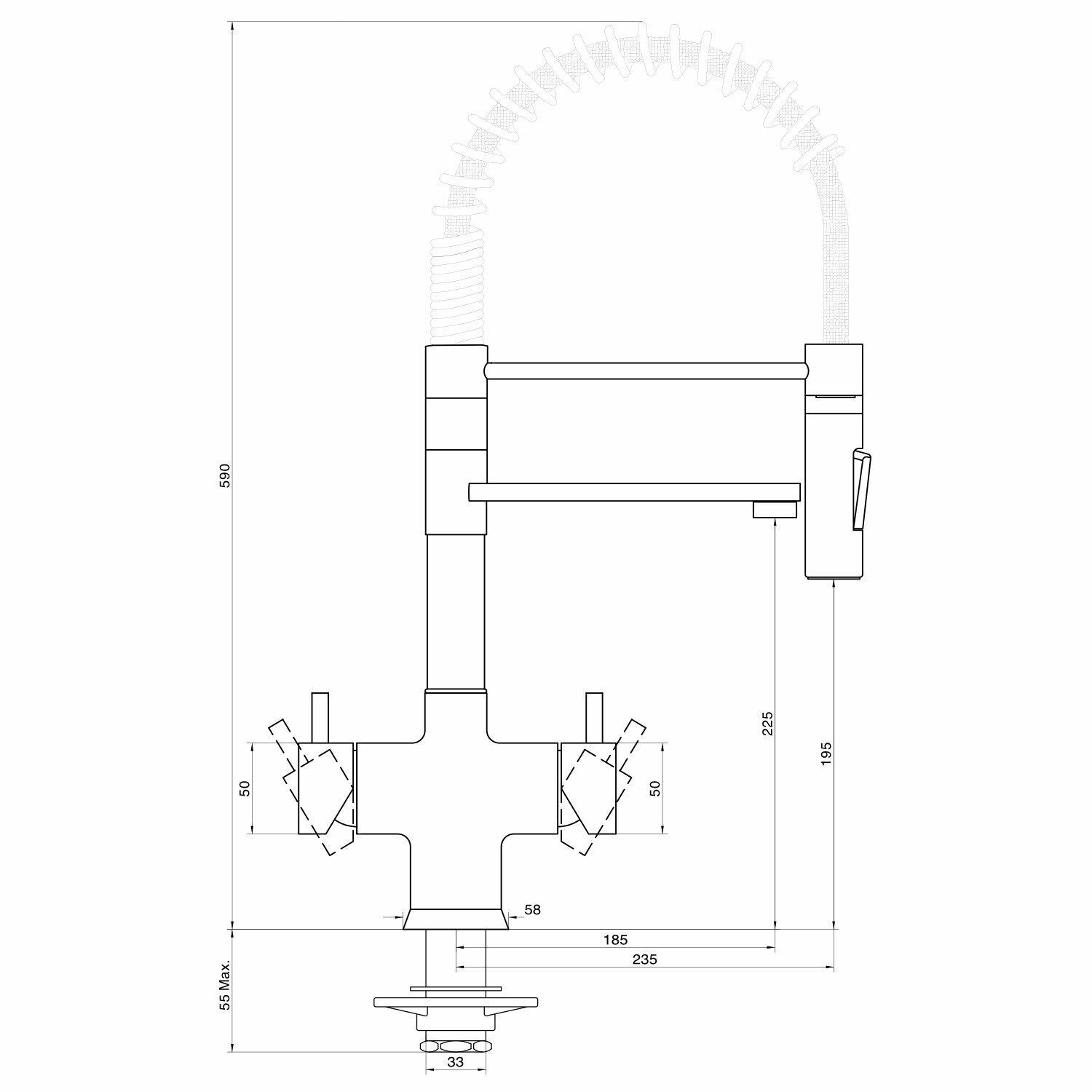 5-Wege-Armatur LUXURY Spiralfederwasserhahn ONYX mit Brause 59 cm