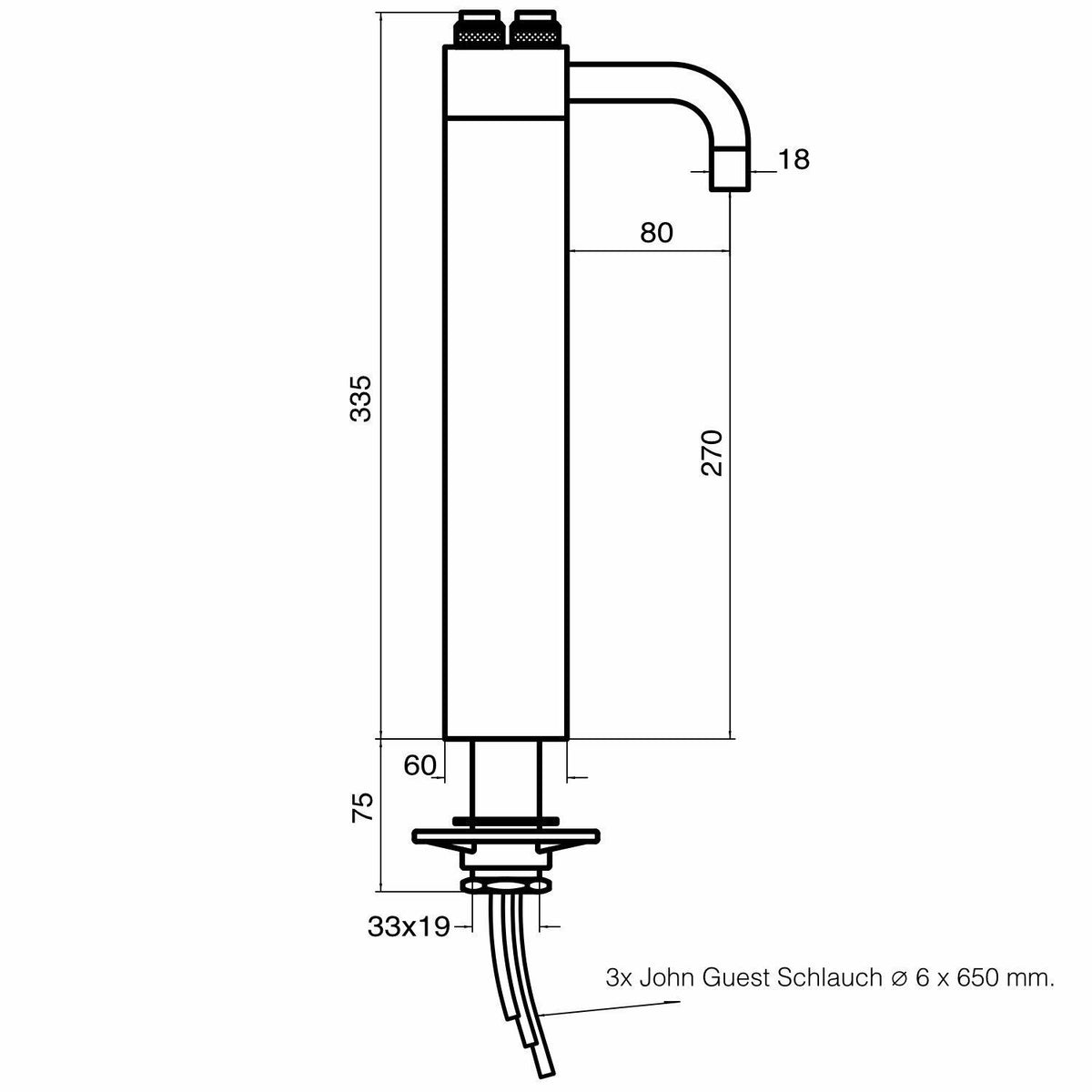 Mechanische 3-Wege-Sodaarmatur Zapfhahn TRIX für Untertisch-Wassersprudelanlagen technische Zeichnung