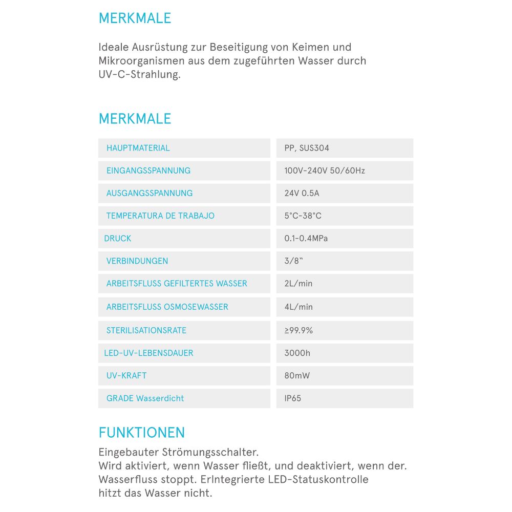UVC LED Keimsperre Wasser-Sterilisator inklusive Strömungsschalter bis zu 4 Liter pro Minute
