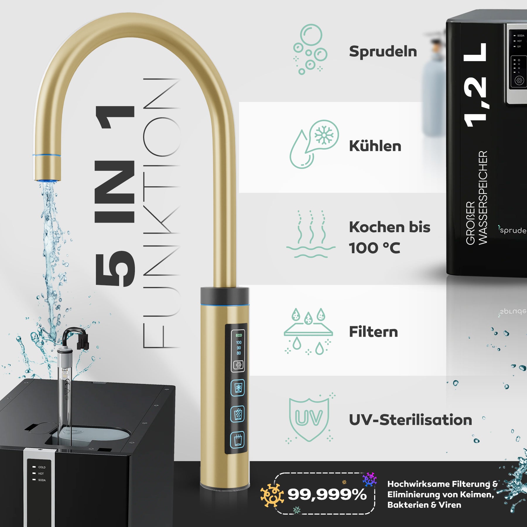 Untertisch-Tafelwasseranlage SPRUDELUX® FLAME inklusive kochend-Wasserhahn