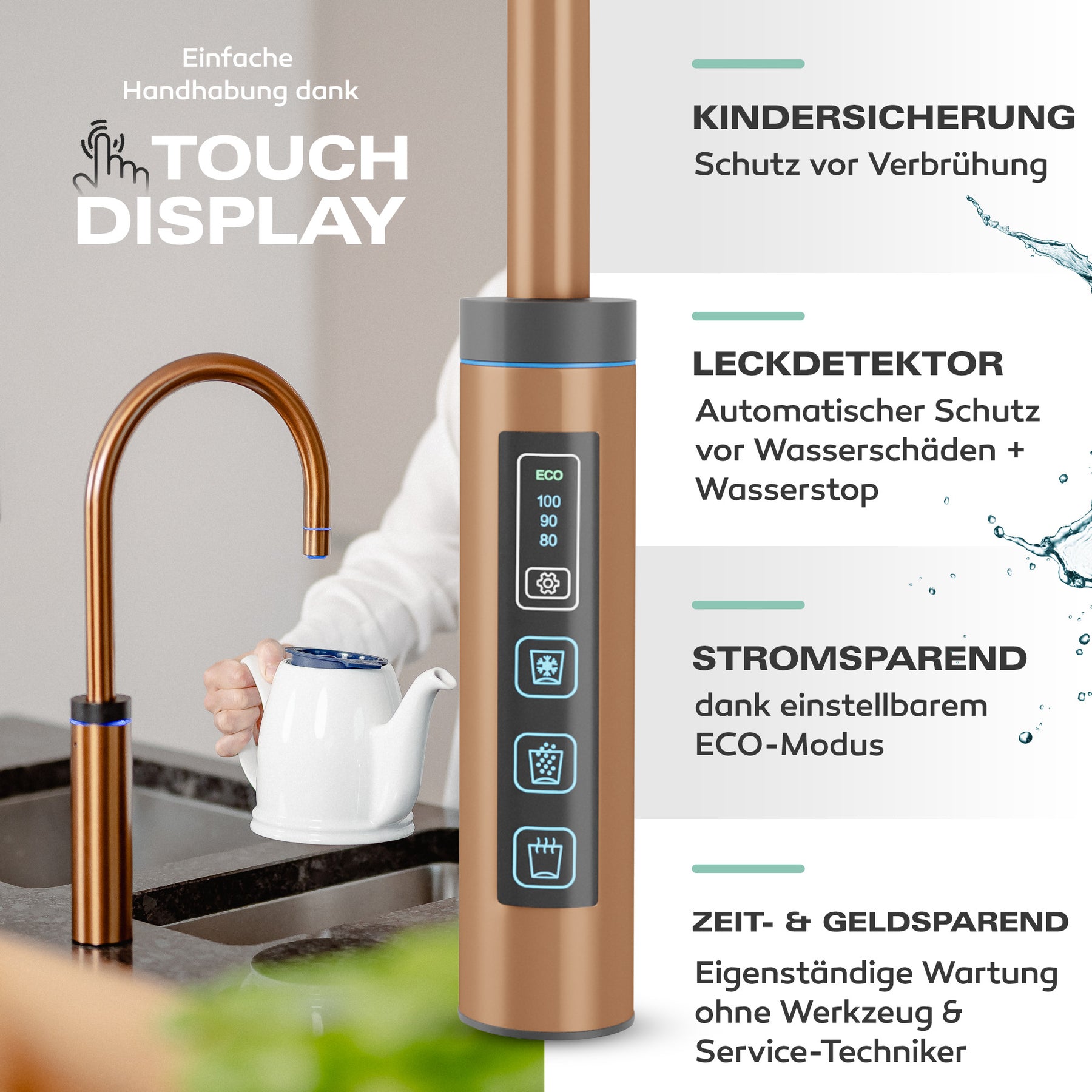 Untertisch-Tafelwasseranlage SPRUDELUX® FLAME inklusive kochend-Wasserhahn