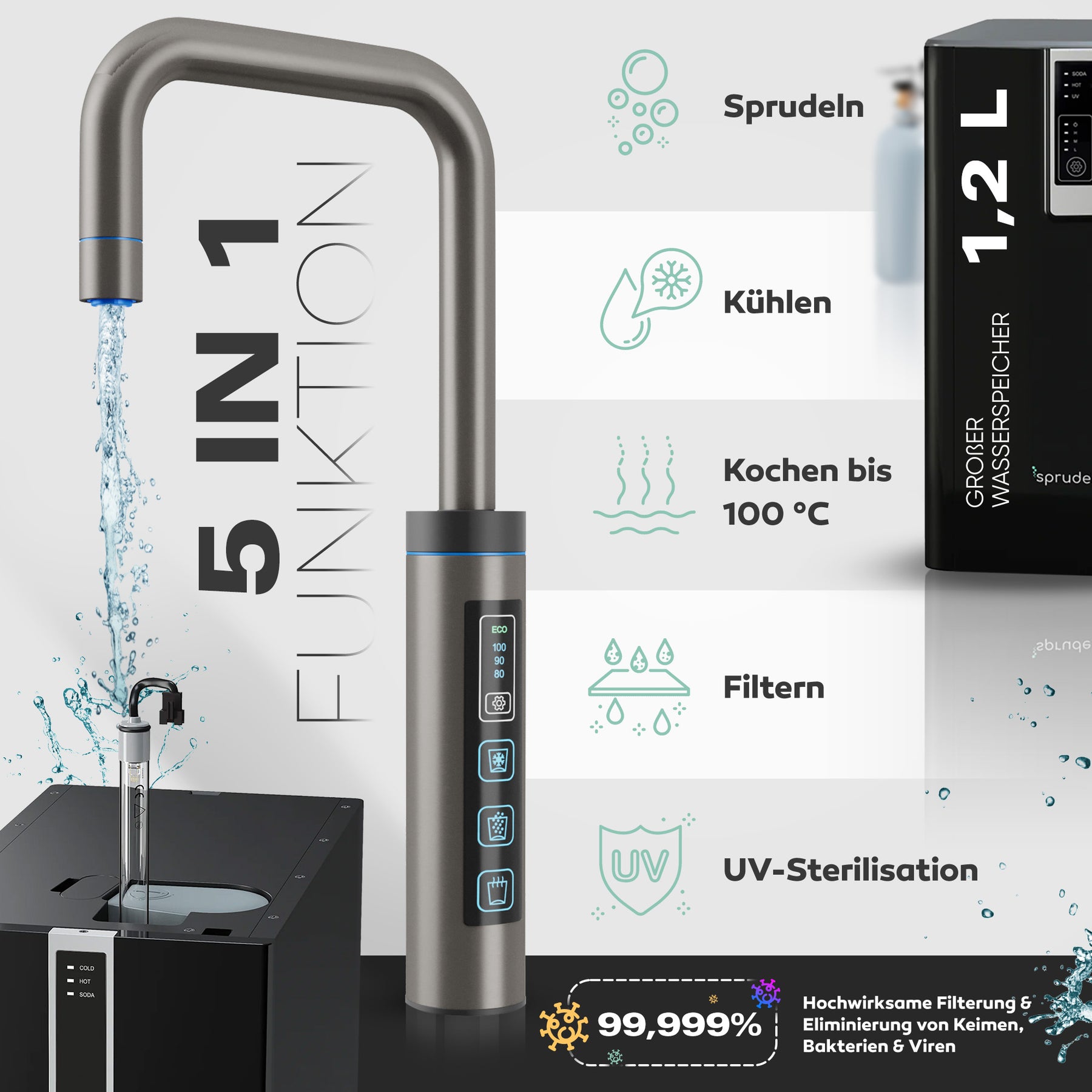 Untertisch-Tafelwasseranlage SPRUDELUX® FLAME inklusive kochend-Wasserhahn