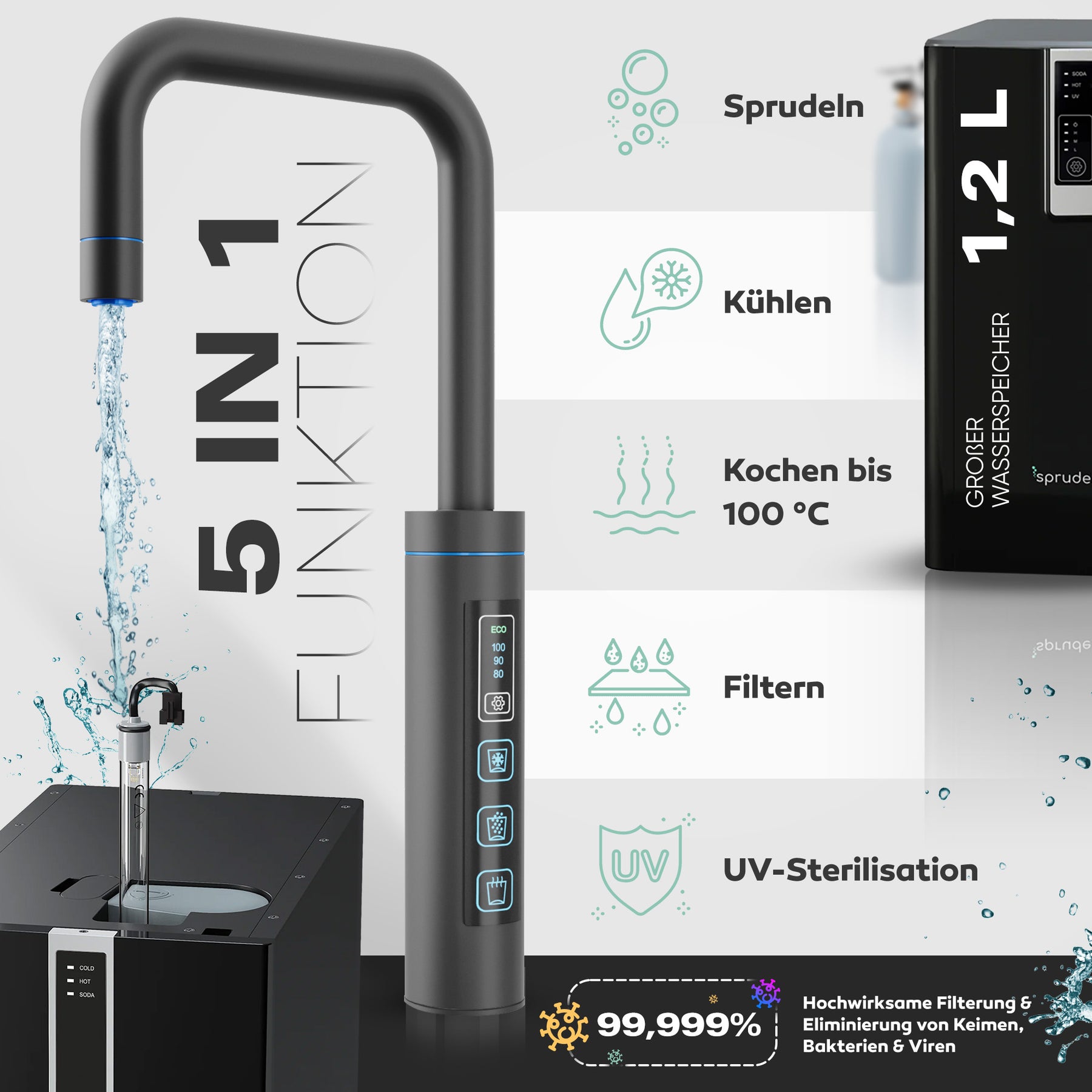 Untertisch-Tafelwasseranlage SPRUDELUX® FLAME inklusive kochend-Wasserhahn