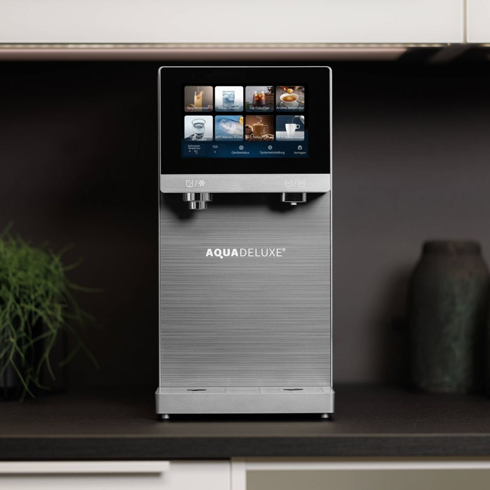 SPRUDELUX PRO TOUCH – Premium Tafelwasseranlage mit Umkehrosmose, Sprudel- & Heißwasserfunktion – Wasserspender mit UVC-Technologie – Festwasseranschluss / Tank