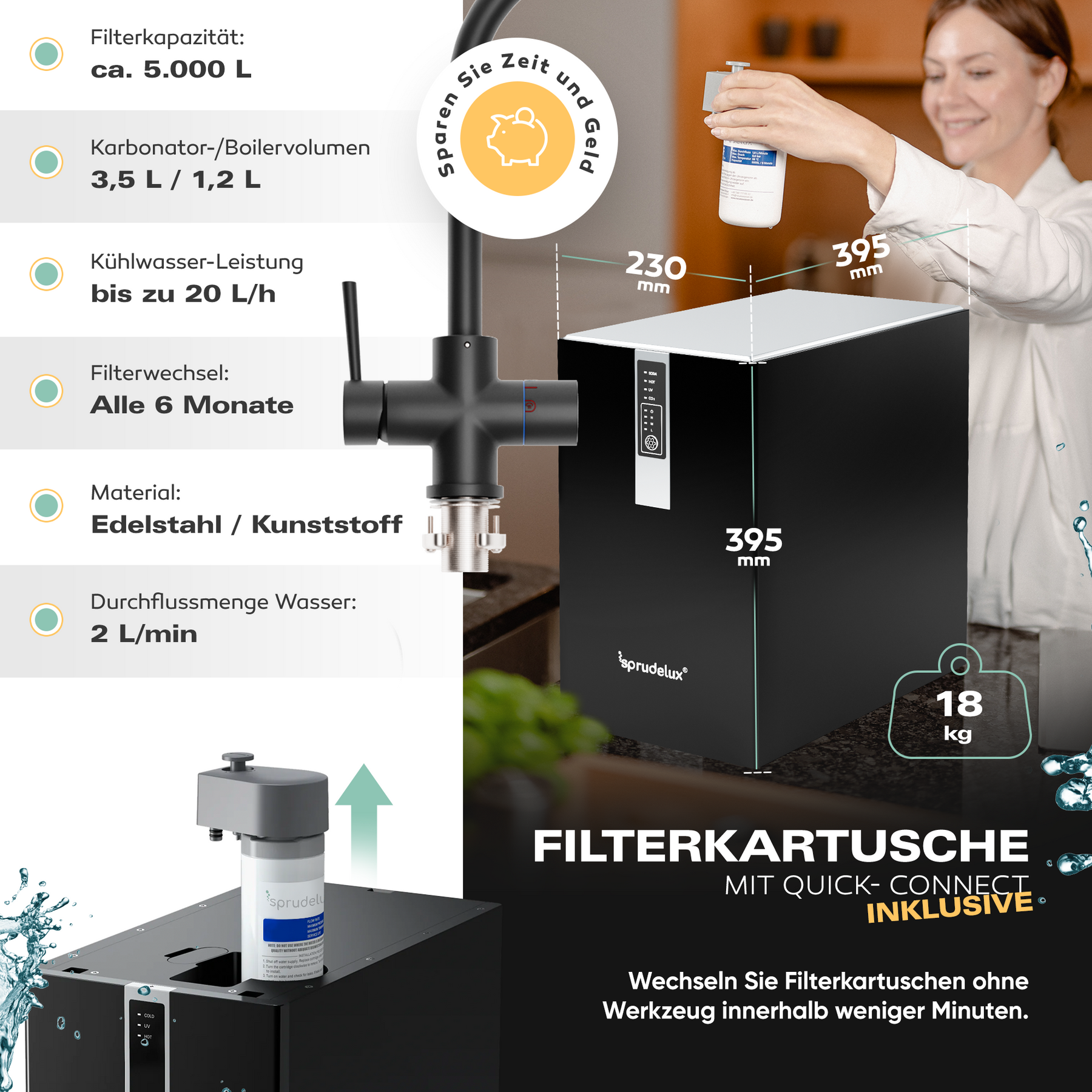 Untertisch-Tafelwasseranlage SPRUDELUX® FLAME inklusive kochend-Wasserhahn