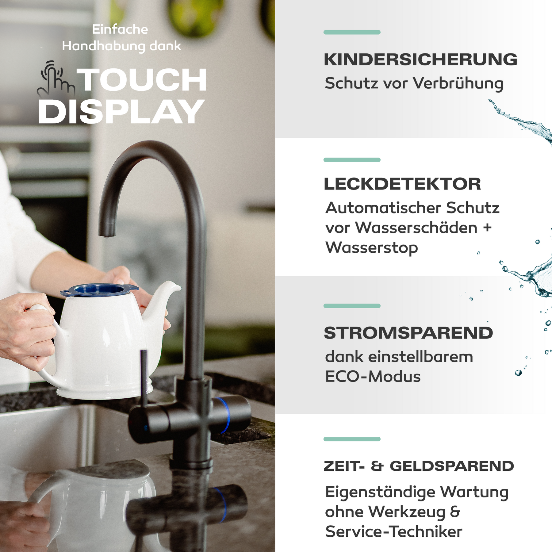 Untertisch-Tafelwasseranlage SPRUDELUX® FLAME inklusive kochend-Wasserhahn