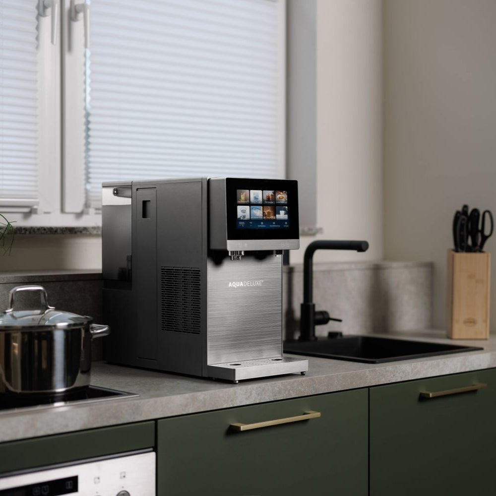 SPRUDELUX PRO TOUCH – Premium Tafelwasseranlage mit Umkehrosmose, Sprudel- & Heißwasserfunktion – Wasserspender mit UVC-Technologie – Festwasseranschluss / Tank