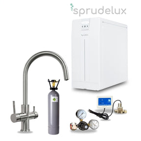 SPRUDELUX® POWER SODA Untertisch-Tafelwassersystem – Wassersprudler mit 5-Wege-Armatur GIULIA C-Auslauf INOX & 2 kg CO2-Flasche – Sprudelwasser direkt aus dem Wasserhahn