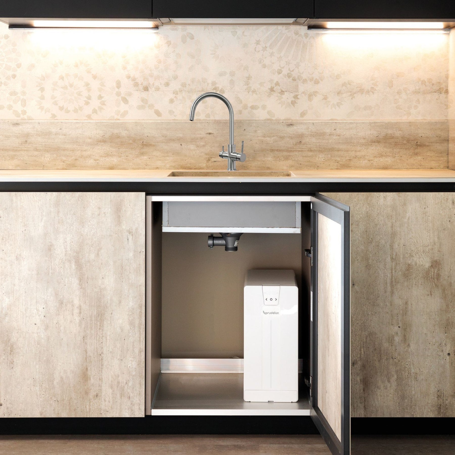 SPRUDELUX® POWER SODA Untertisch-Tafelwassersystem – Wassersprudler mit 5-Wege-Armatur GIULIA U-Auslauf INOX & 2 kg CO2-Flasche – Sprudelwasser direkt aus dem Wasserhahn