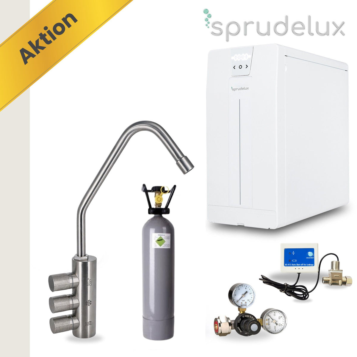 SPRUDELUX® POWER SODA Untertisch-Tafelwassersystem – Wassersprudler mit 3-Wege-Armatur DELTA INOX & 2 kg CO2-Flasche – Sprudelwasser direkt aus dem Wasserhahn