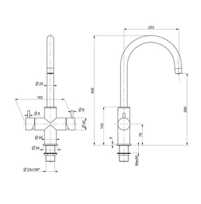 Designer 5-Wege-Wasserhahn CUCINA UNICA, Edelstahl Massiv technische Zeichnung