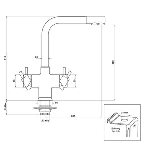5-Wege-Wasserhahn NOBIUS L-Auslauf, Technische Zeichnung
