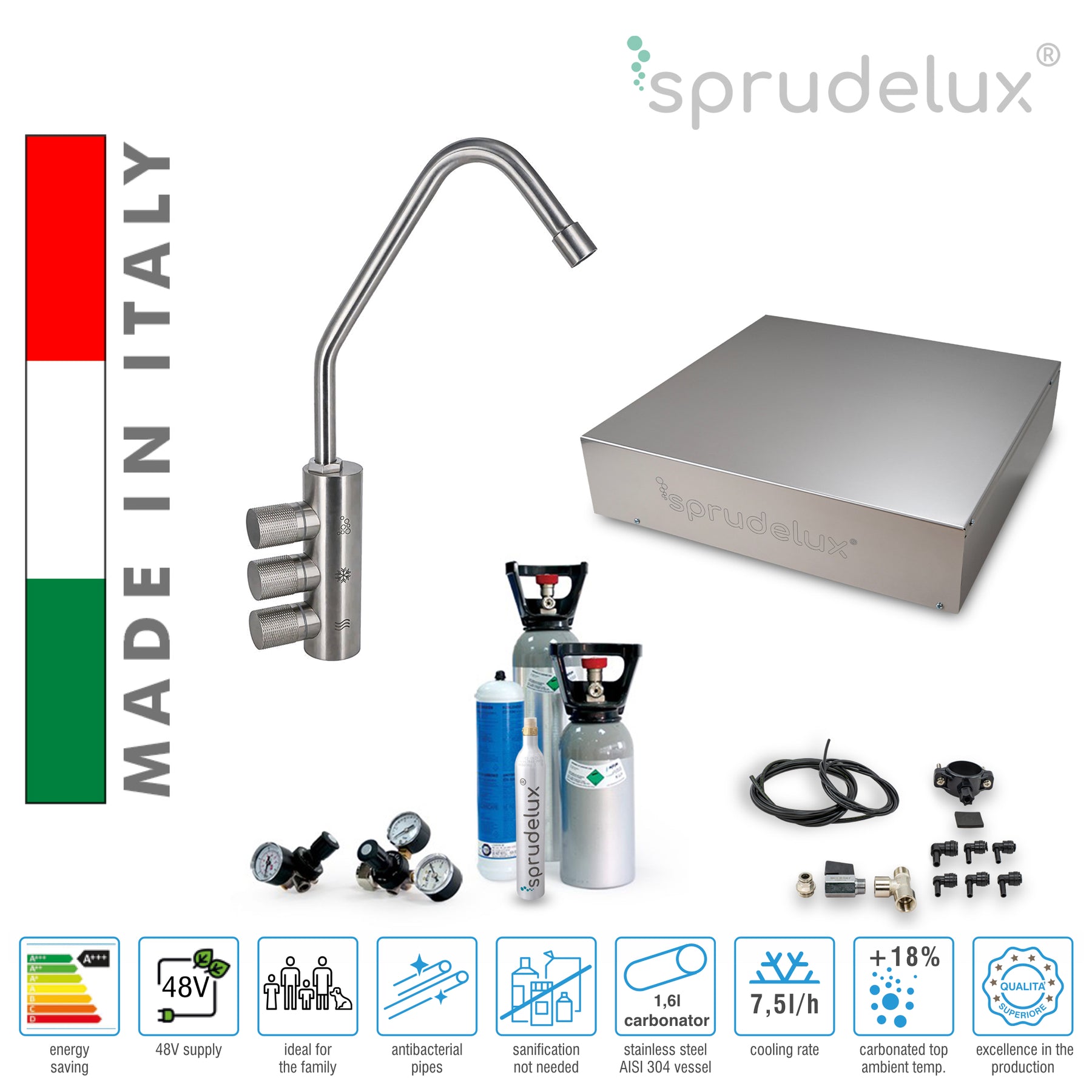 SPRUDELUX® Untertisch-Trinkwassersystem INOX ULTRA FLAT WiFi inkl. 3-Wege-Armatur DELTA INOX, 2 kg CO2 Flasche