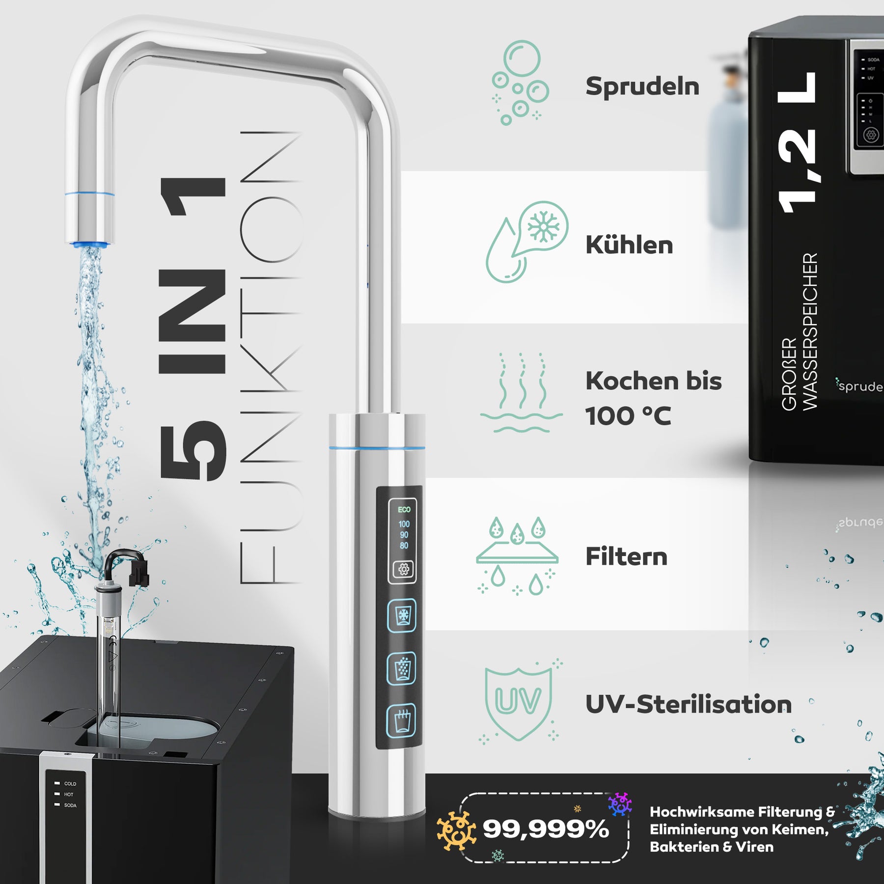 Untertisch-Tafelwasseranlage SPRUDELUX® FLAME inklusive kochend-Wasserhahn