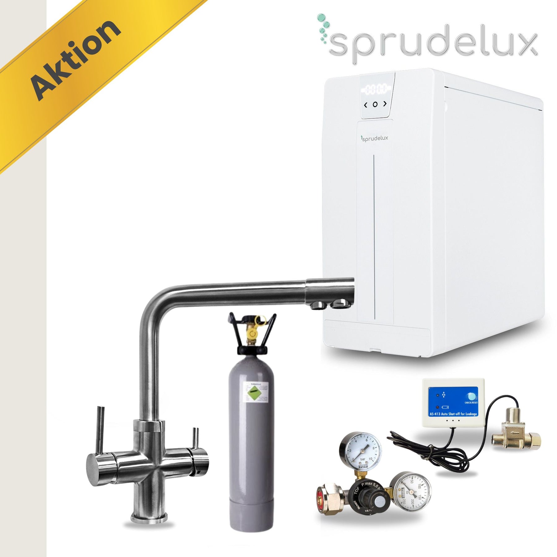 SPRUDELUX® POWER SODA Untertisch-Tafelwassersystem – Wassersprudler mit 5-Wege-Armatur GIULIA L-Auslauf INOX & 2 kg CO2-Flasche – Sprudelwasser direkt aus dem Wasserhahn