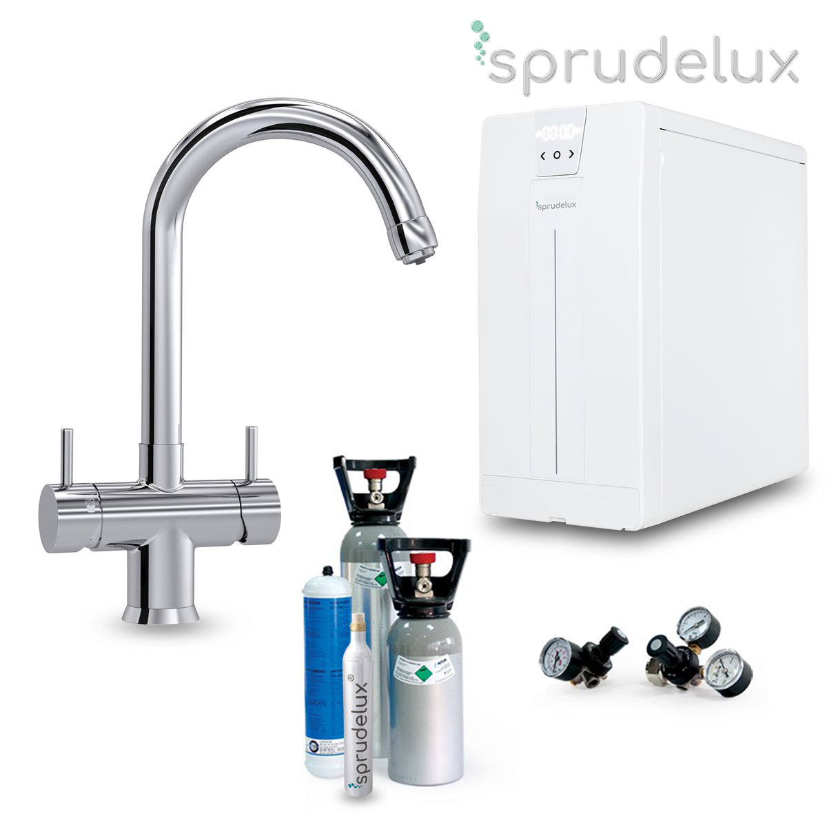 Untertisch-Trinkwassersystem SPRUDELUX POWER SODA inkl. 5-Wege-Wasserhahn NOBIUS C-Auslauf in Chrome