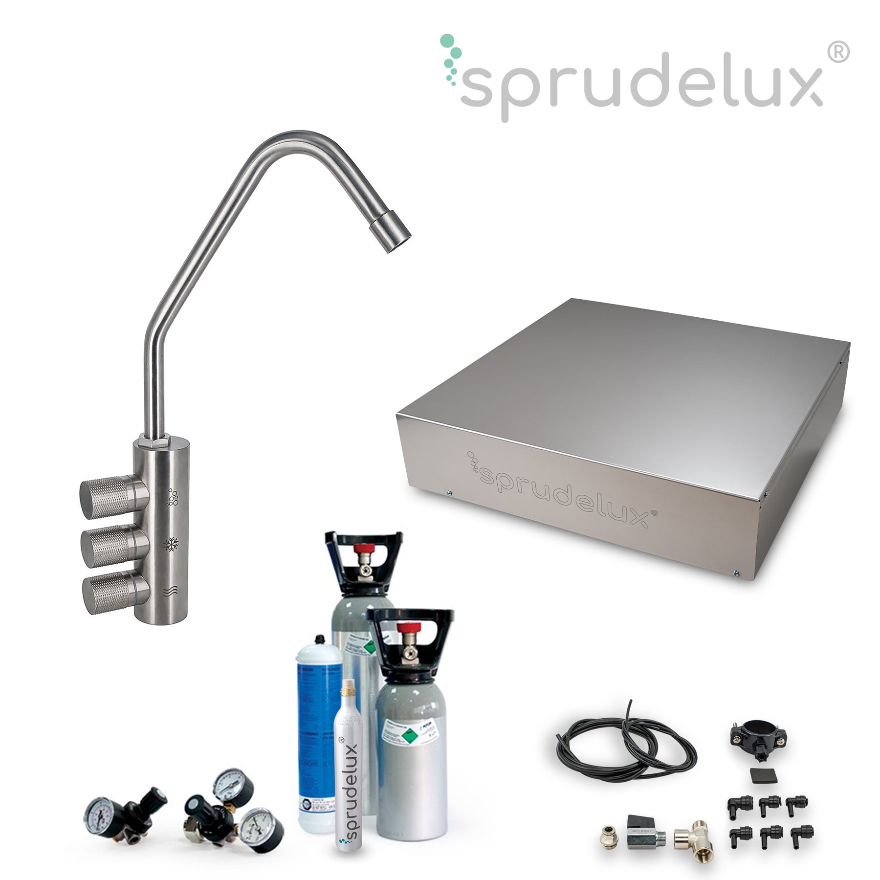 SPRUDELUX® Untertisch-Trinkwassersystem INOX ULTRA FLAT WiFi inkl. 3-Wege-Armatur DELTA INOX, 2 kg CO2 Flasche