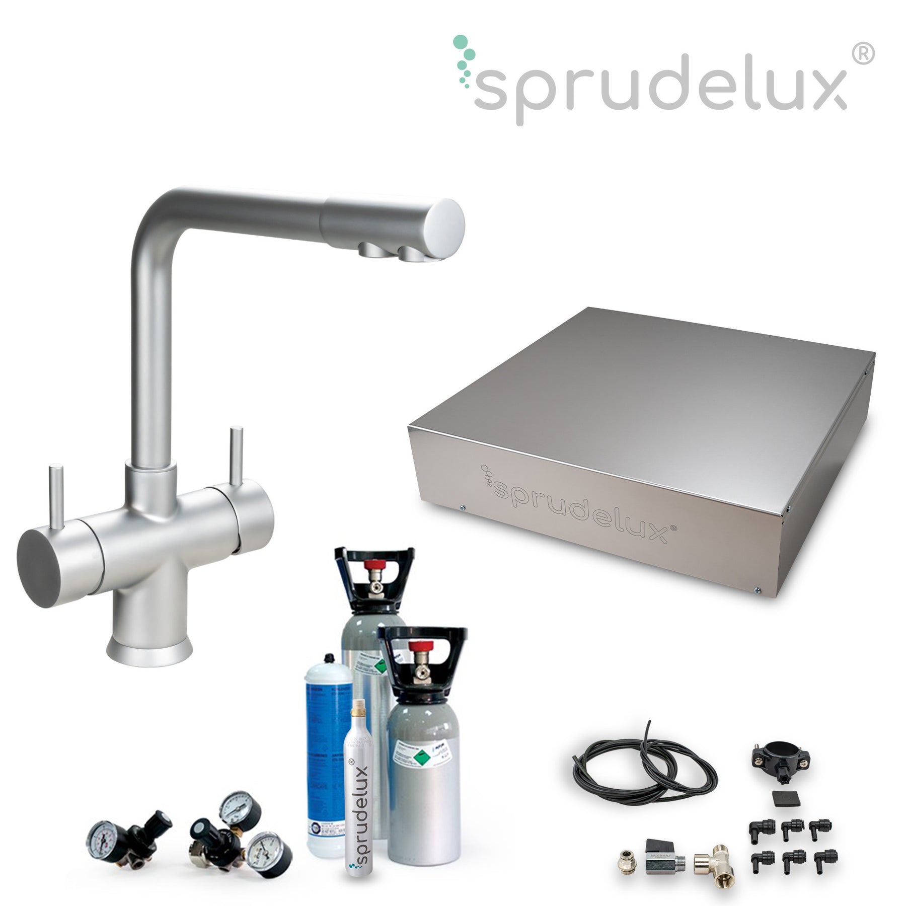 SPRUDELUX® Untertisch-Trinkwassersystem INOX ULTRA FLAT WiFi inkl. 5-Wege-Armatur NOBIUS L-Auslauf