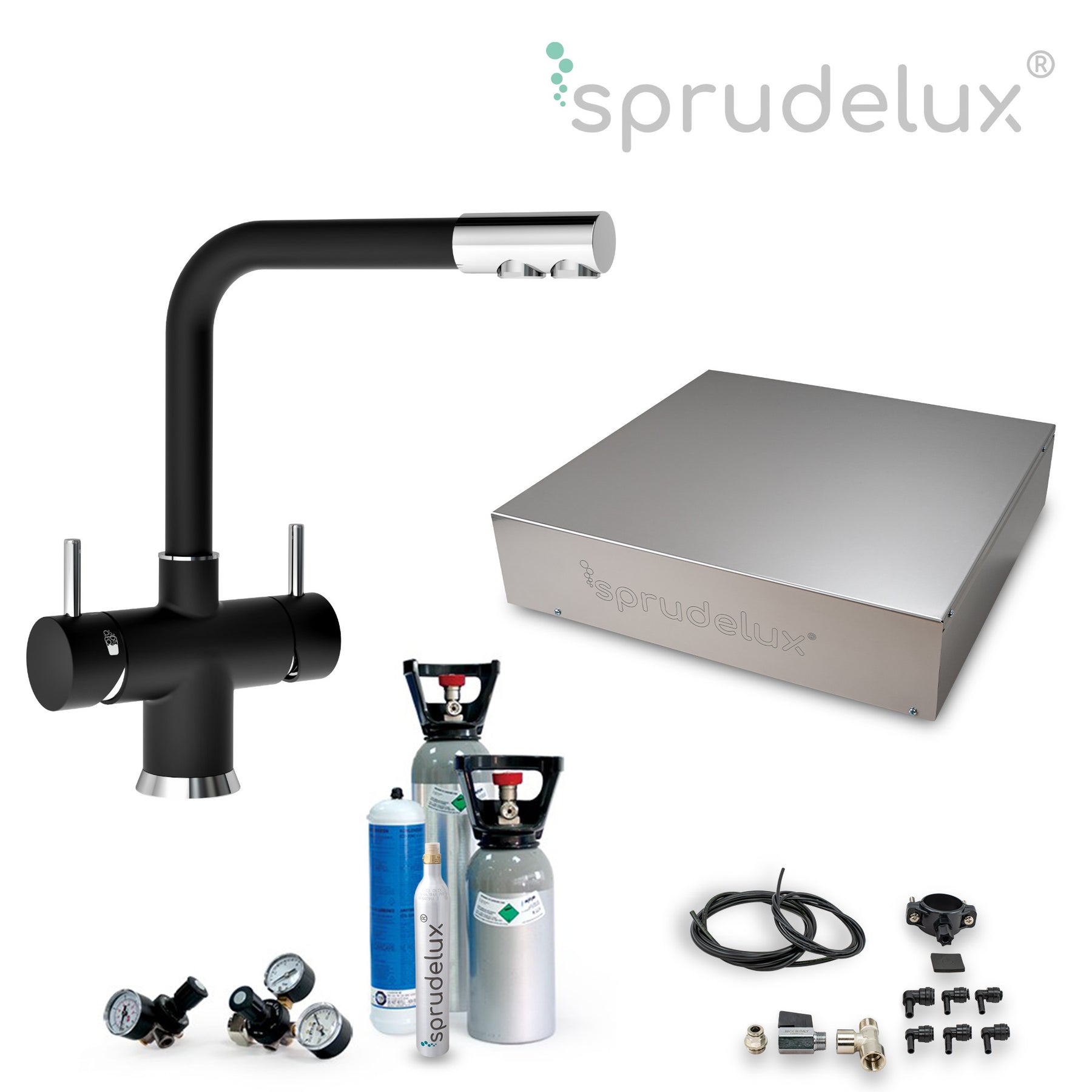 SPRUDELUX® Untertisch-Trinkwassersystem INOX ULTRA FLAT WiFi inkl. 5-Wege-Armatur NOBIUS L-Auslauf