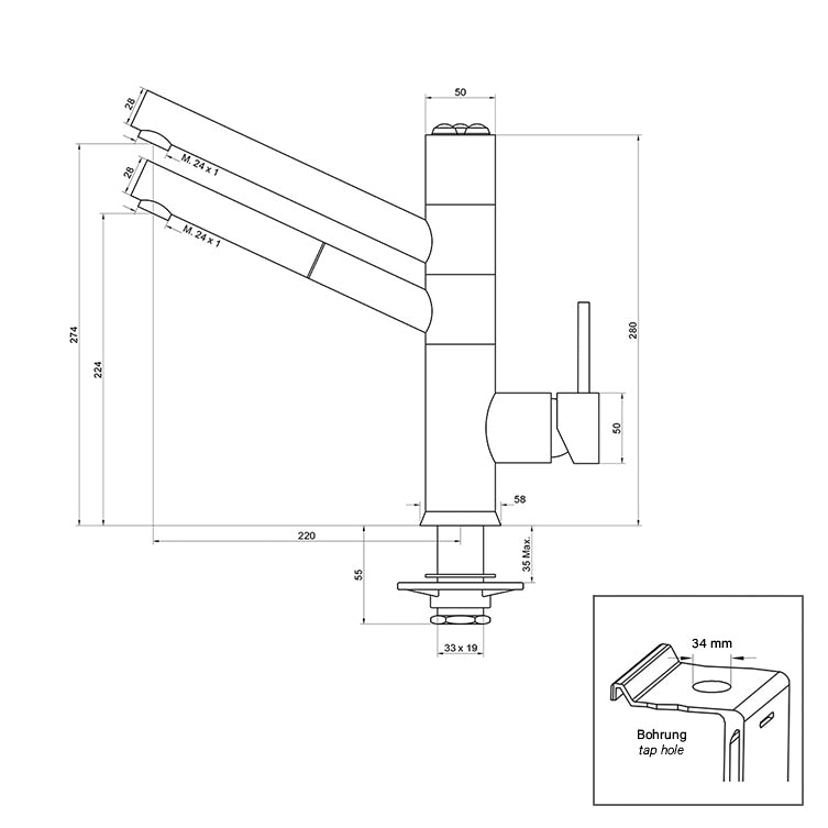 Technische Zeichnung CUCINA IDEALE 5-Wege-Wasserhahn