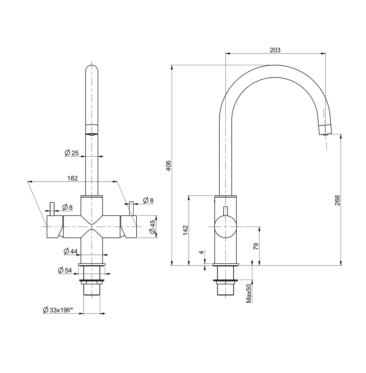 Designer 5-Wege-Wasserhahn CUCINA UNICA, Edelstahl Massiv technische Zeichnung