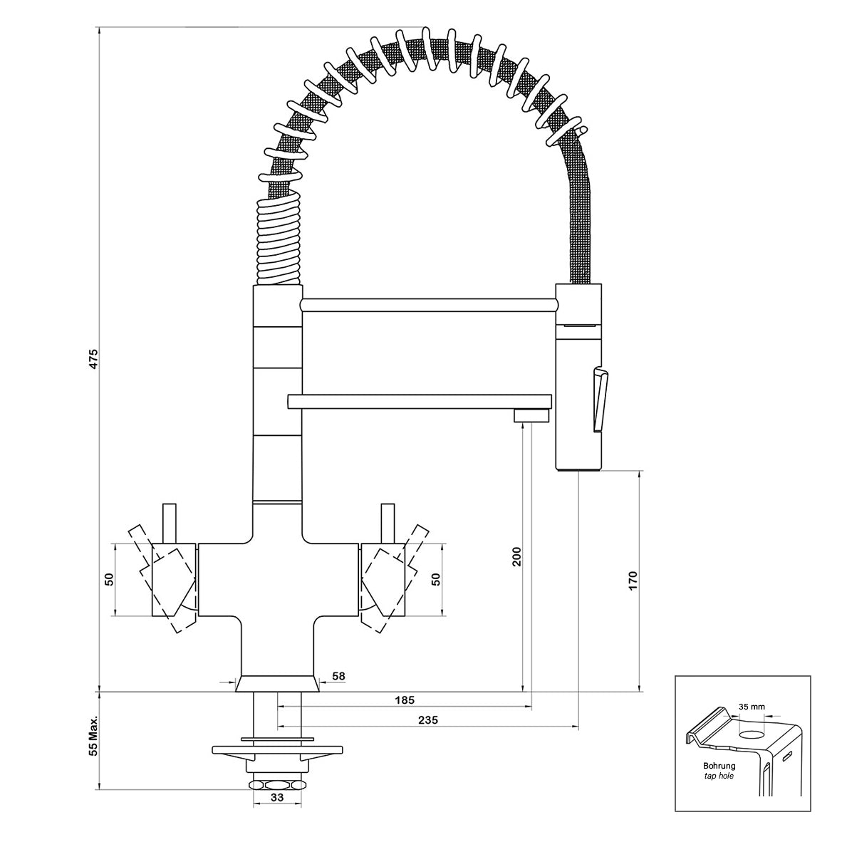 5-Wege-Armatur LUXURY Spiralfederwasserhahn Brause Wasserhahn 47cm Technische Zeichnung