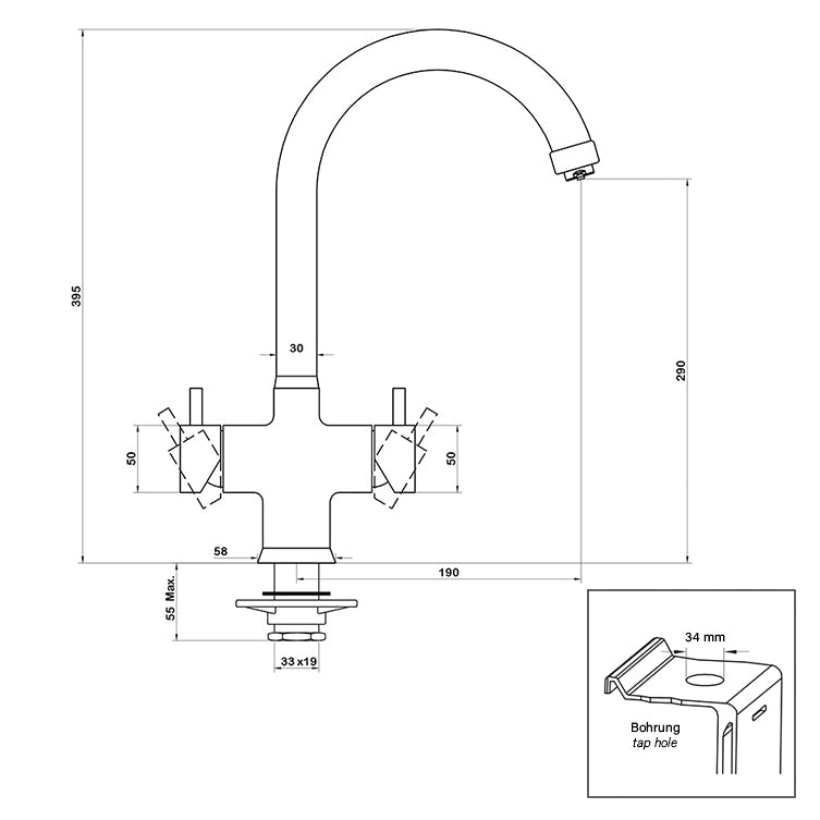 5-Wege-Wasserhahn NOBIUS C-Auslauf, Technische Zeichnung