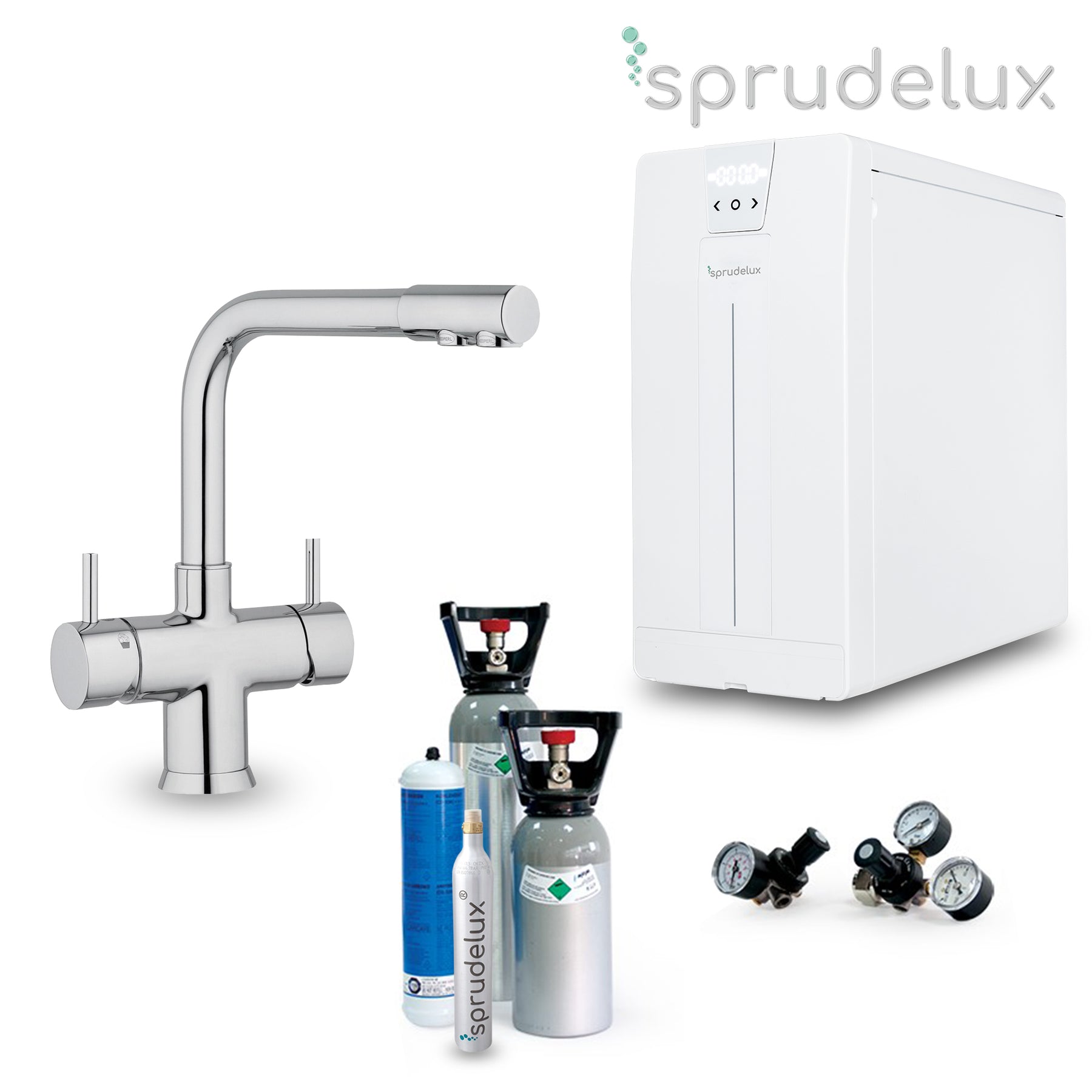 Untertisch-Trinkwassersystem SPRUDELUX POWER SODA inkl. 5-Wege-Wasserhahn NOBIUS L-Auslauf in Chrome