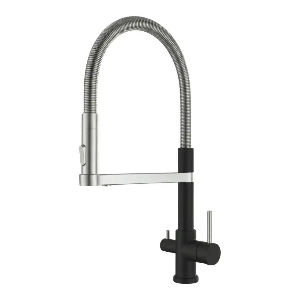 3-Wege-Armatur ALBA Spiralfeder - 360° drehbarer Wasserhahn aus massivem 304 Edelstahl | Farbe: Edelstahl gebürstet, Schwarz