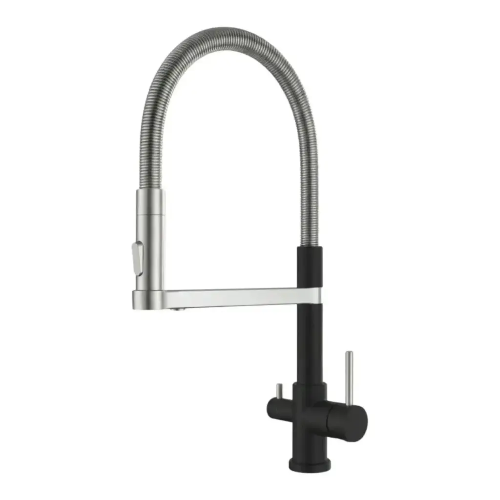 3-Wege-Armatur STATEMENT Spiralfeder - 360° drehbarer Wasserhahn aus massivem 304 Edelstahl | Farbe: Edelstahl gebürstet, Schwarz